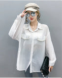 Long Sleeve Pearls Beading Chiffon Blouse Shirt