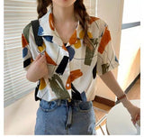 Panelled Geometric Retro Short Sleeve Blouse Shirt