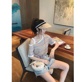 Rainbow Striped Skew Collar Off Shoulder Shirt