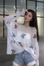 Butterfly Pattern Mesh Transparent Blouse Summer Shirt