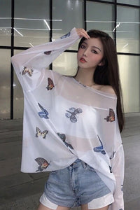 Butterfly Pattern Mesh Transparent Blouse Summer Shirt