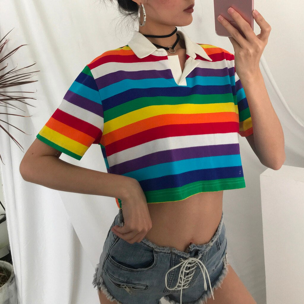 Short Sleeve Rainbow Striped Cropped Polo Collar Shirt