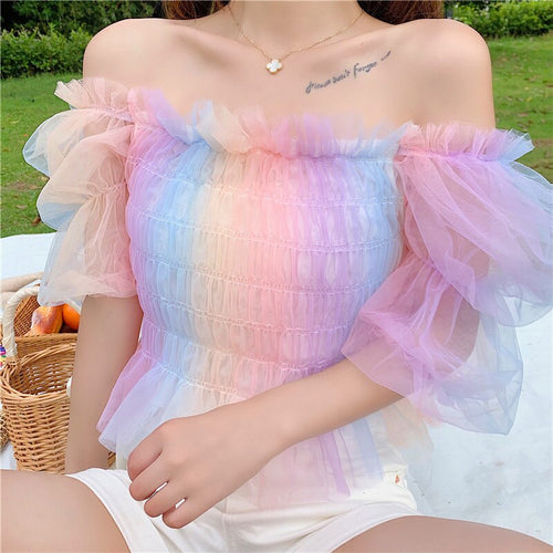 Rainbow Puff Sleeve Square Neck Mesh Blouse