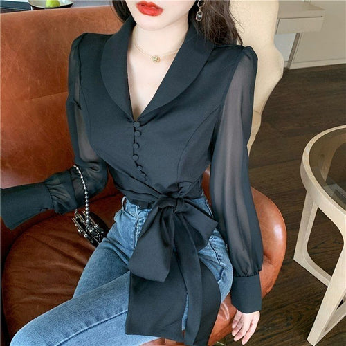 Long Sleeve Lapel Collar with Cute Bow Blouse Shirt