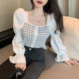 Long Sleeve Stitching Square Collar Blouse Shirt