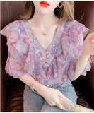 Retro V-Neck Floral Chiffon Blouse Shirt