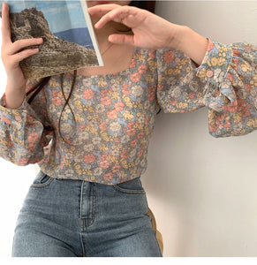 Long Sleeve Square Collar Cute Floral Blouse Shirt