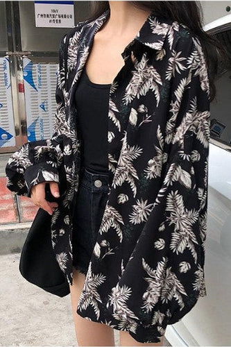 Long Sleeve Floral Printed Black Blouse Shirt