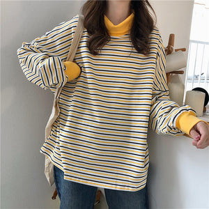 Yellow Turtleneck Loose Striped Sweater