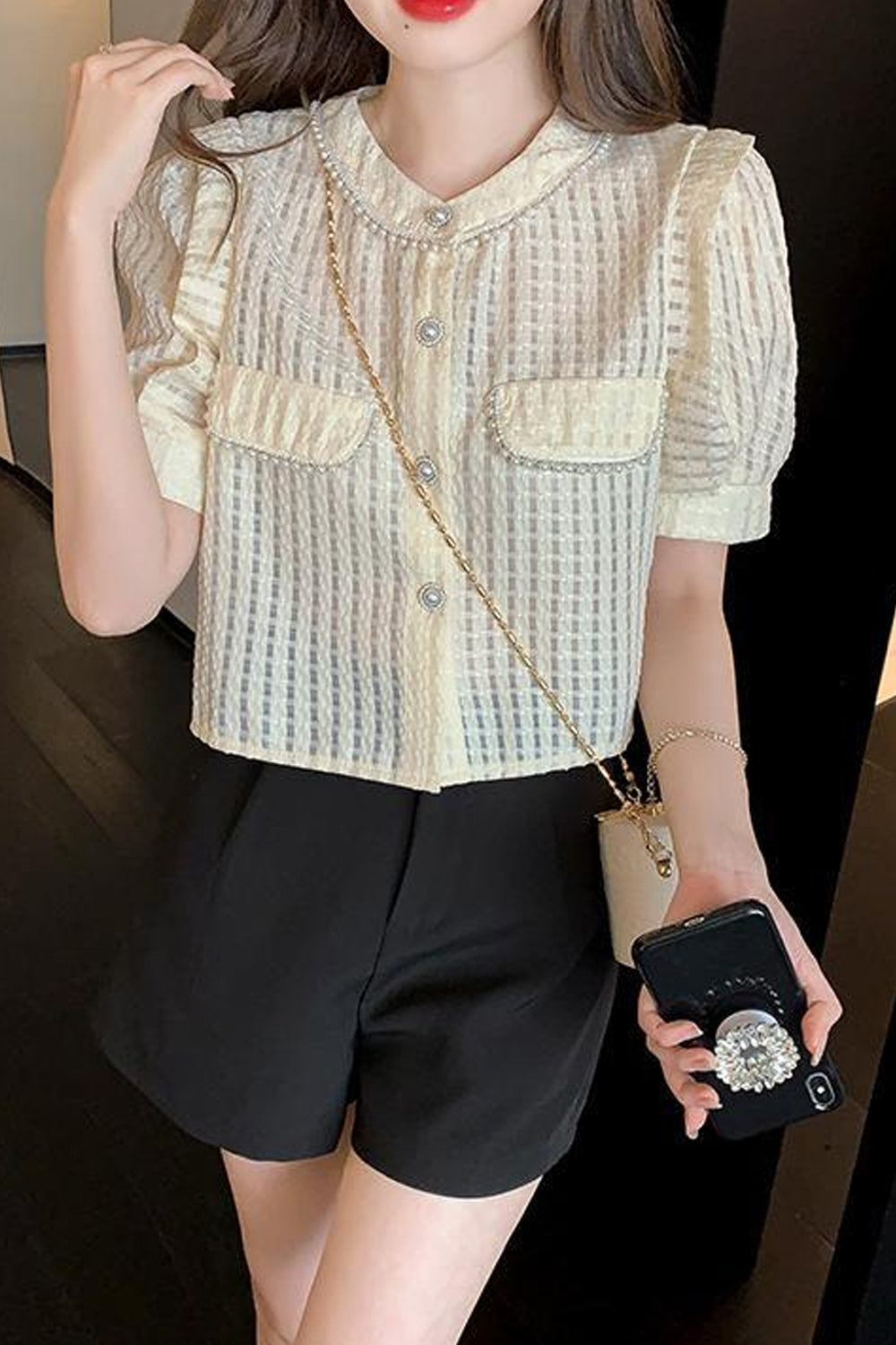 Short Sleeve Pearl Beading Cute Shirt