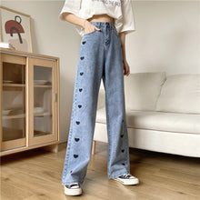 High Waist Heart Embroidered Long Jeans Pants