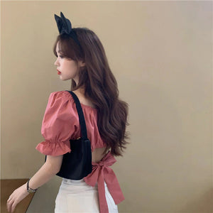 Sexy Backless Bow Knot Ruffles Crop Tops