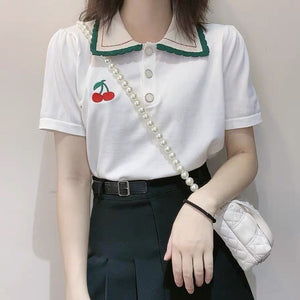 Cherry Pocket Embroidered Turn Down Collar Shirt