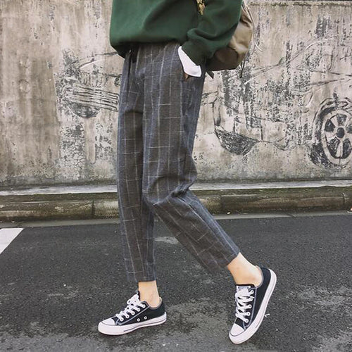 High Waist Elegant Slim Ankle Plaid Pants