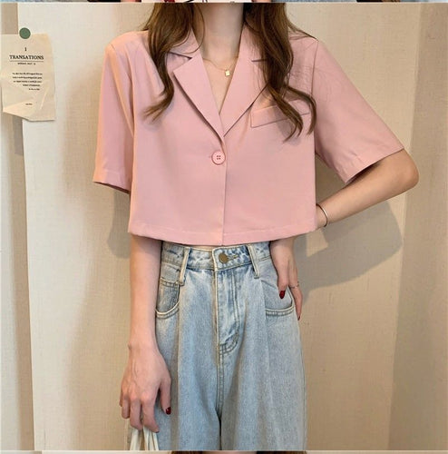 Short Sleeve Cropped Office Blouse Shirt