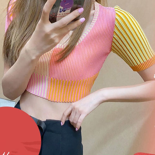 Knitted Patchwork Slim Cropped Shirt