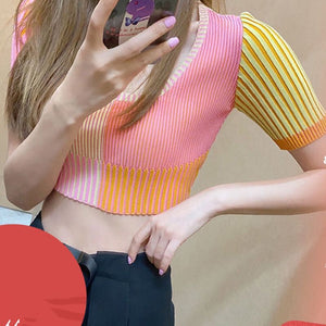 Knitted Patchwork Slim Cropped Shirt
