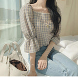 Square Collar Linen Cotton Plaid Blouse Shirt