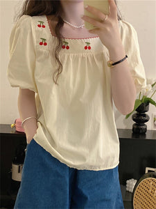 Cherries Embroidery Square Collar Blouse Shirt