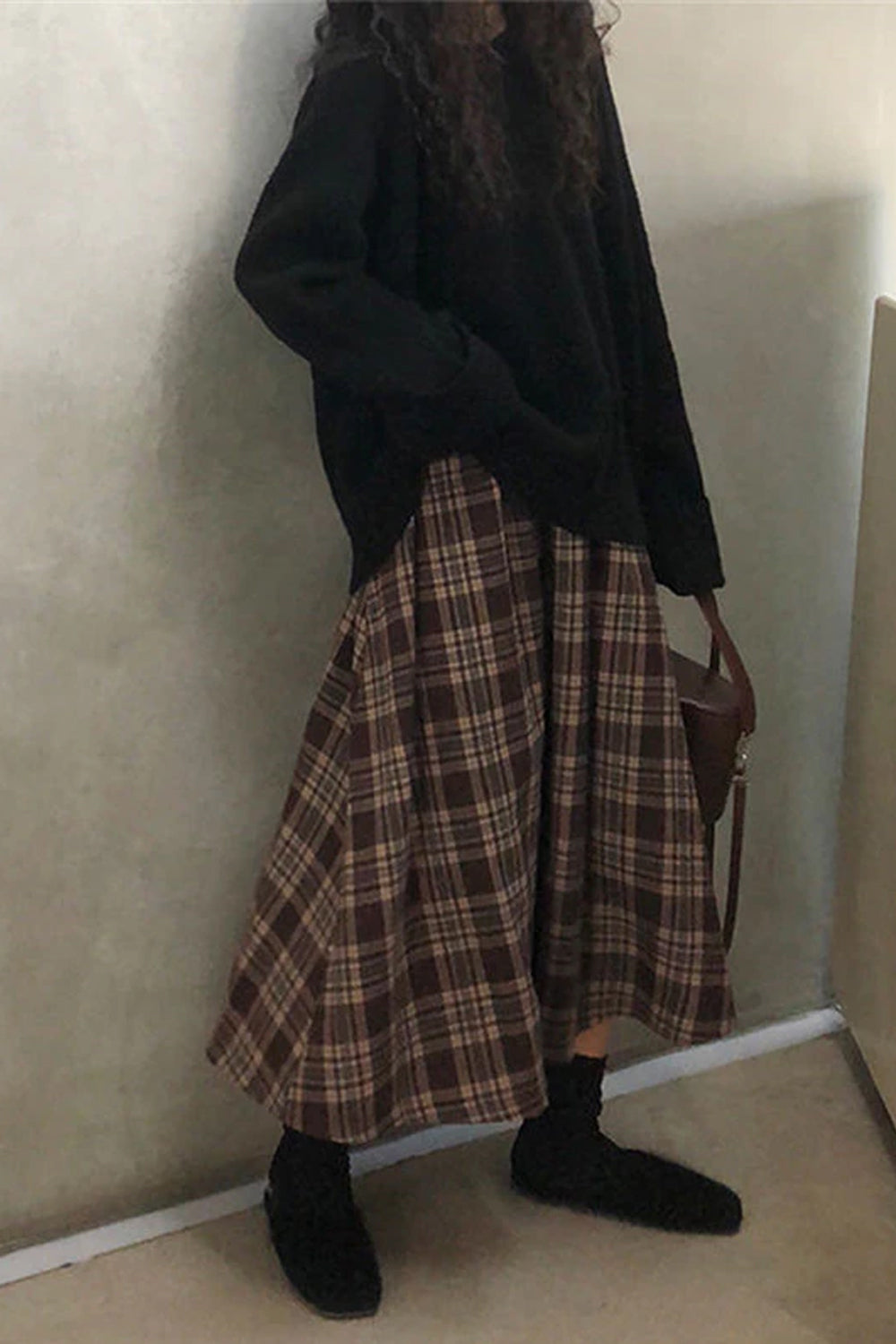 High Waist Brown Plaid Midi Skirt – Tomscloth