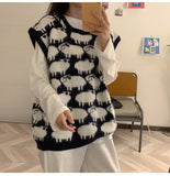 Cute Sheep Cartoon Pattern V-Neck Sleeveless Knitted Vest Sweater