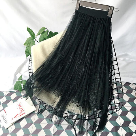 Floral Embroidery A Line Tulle Mesh Pleated Skirt