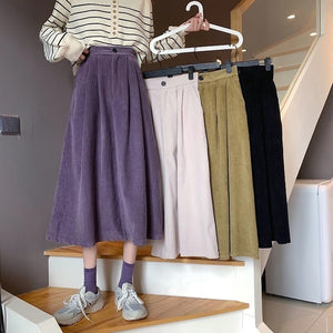 High Waist Solid Corduroy A-Line Long Skirts