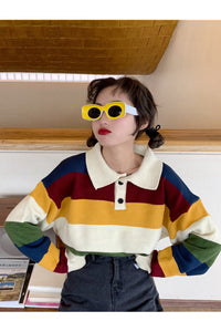 Hit Color Turn Down Collar Striped Sweater