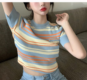 Vintage Yellow Blue Color Stripes Knitted Cropped Shirt