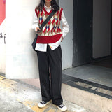 Argyle Pattern V-Neck Sleeveless Knitted Vest Sweater