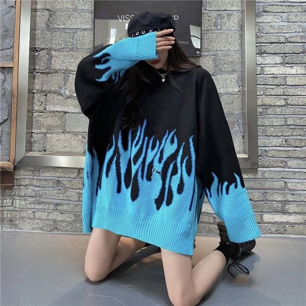 Loose O-Neck Flame Pattern Knitted Sweater