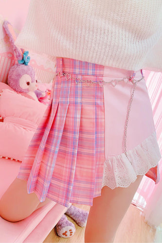 High Waist Lace Trim Half Colors Irregular Plaid Skirt