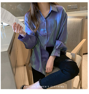 Long Sleeve Glossy Color Satin Blouse Shirt