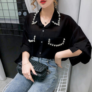 Long Sleeve Pearls Beading Chiffon Blouse Shirt