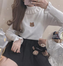 Cute Bear Embroidered Ruffled Turtleneck Sweater