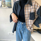Loose Corduroy With Plaid Combination Blouse Shirt