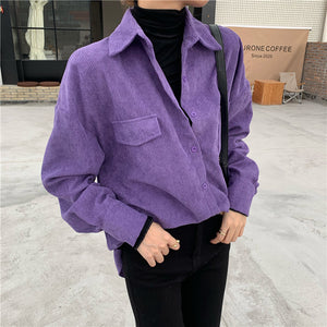 Retro Purple Color Loose Corduroy Shirt