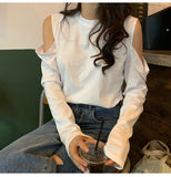 Long Sleeve Hole Shoulder O-Neck Shirt