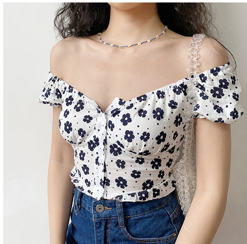 Black Daisy Flowe Slash Crop Top Slim Shirt