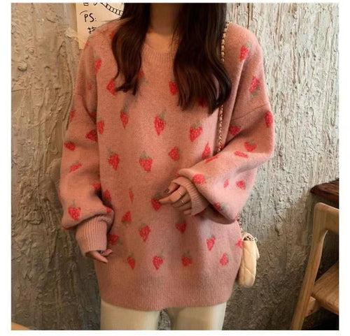 Loose Strawberry Full Pattern Knitted Sweater