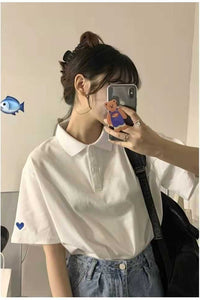 Heart Pattern Sleeve Embroidered Collar Shirts