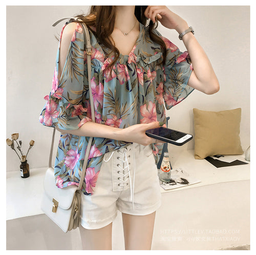 Sexy Floral Pattern Off Shoulder Blouse Shirt