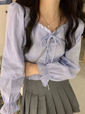 Long Sleeve Front Tie Square Collar Blouse Shirt