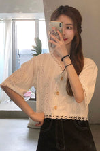 Short Sleeve V-Neck Lace Hollow Slim Shirt