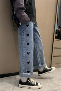 Loose Heart Printed Jeans Pants
