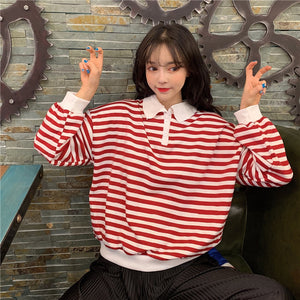 Long Sleeve Striped Turn Down Collar Sweater