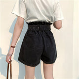 High Waist Big Belted Black Denim Shorts