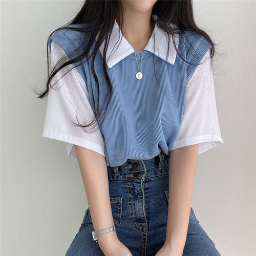 Fake Two Piece Loose Polo Collar Shirt