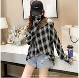 Polka Dot Mesh Patchwork Sexy Off Shoulder Plaid Shirt