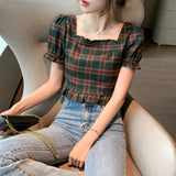 Puff Sleeve Plaid Square Neck Blouse